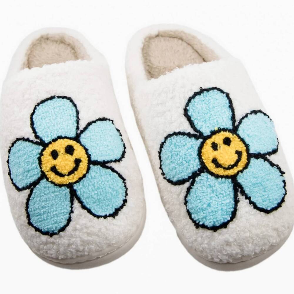NEW KATYDID women's daisy happy face slippers in white, mint